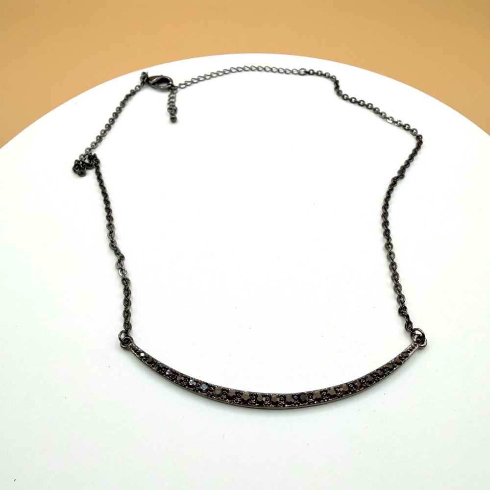Gunmetal Rhinestone Curved Bar Necklace Black Crystal Adjustable Chain Jewelry